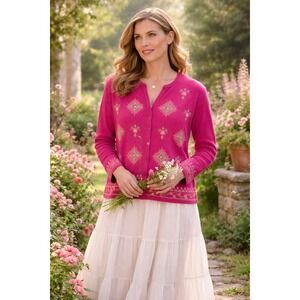 Talbots Vintage Womens Raspberry Pink Embroidered Floral Cardigan Sweater Large